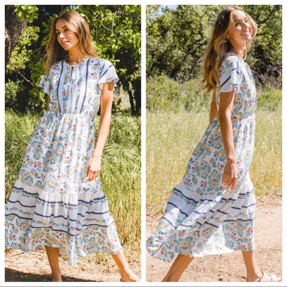 34 Boho Chic Floral Short Sleeve Midi Peasant Dress